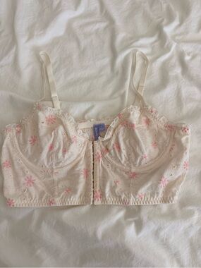 Cream Floral Eyelet Longline Crop Top with Pink Embroidery